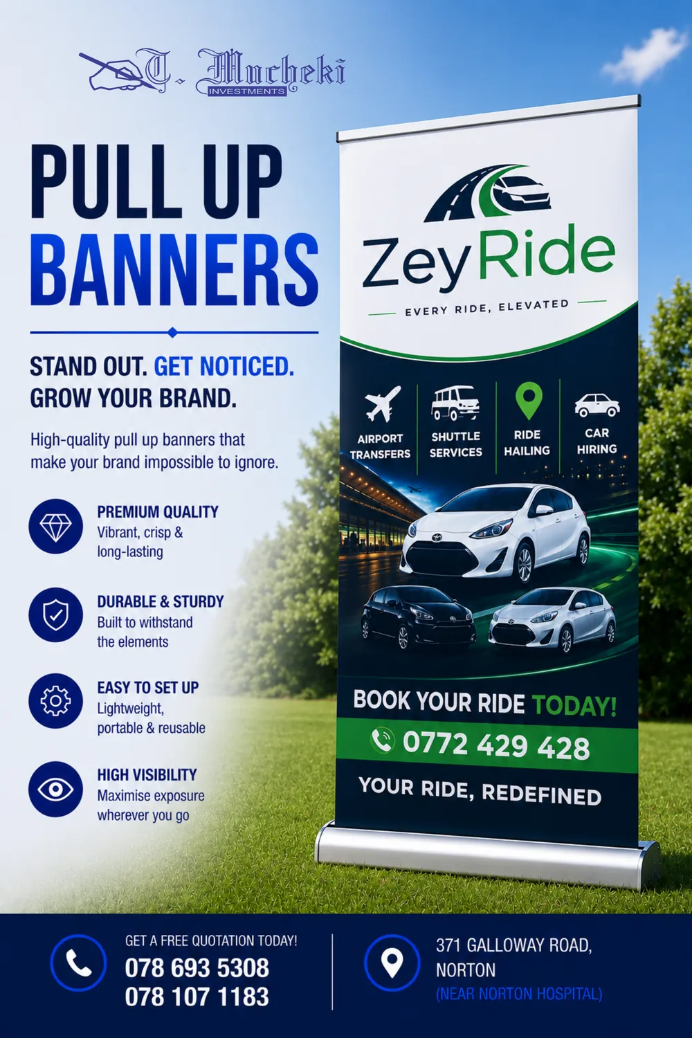 Flyer for pull-up banners showing a roll-up banner on a lawn, with contact details